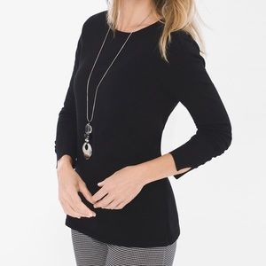Chicos Soft Knit Pullover Top Sweater Black Button Sleeve LS Scoop Neck Sz XL
